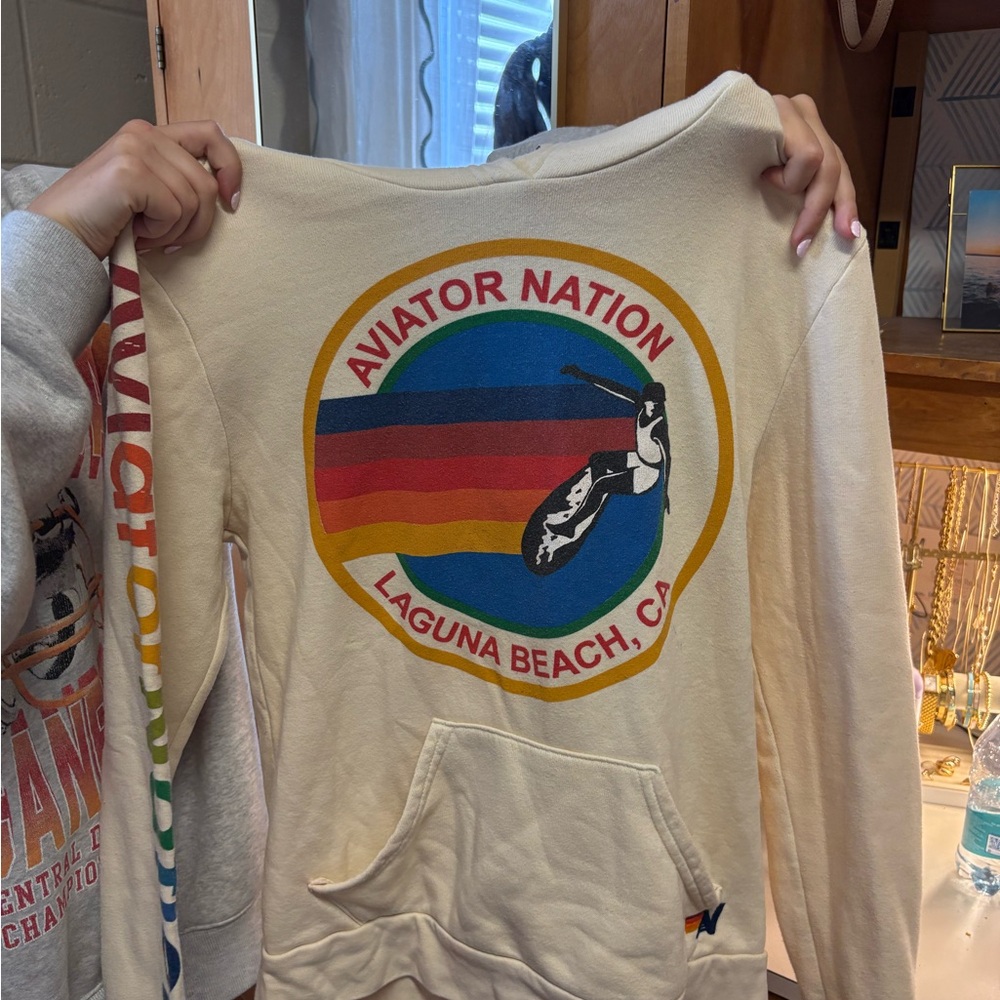 Aviator Nation Cream Hoodie with Rainbow Logo